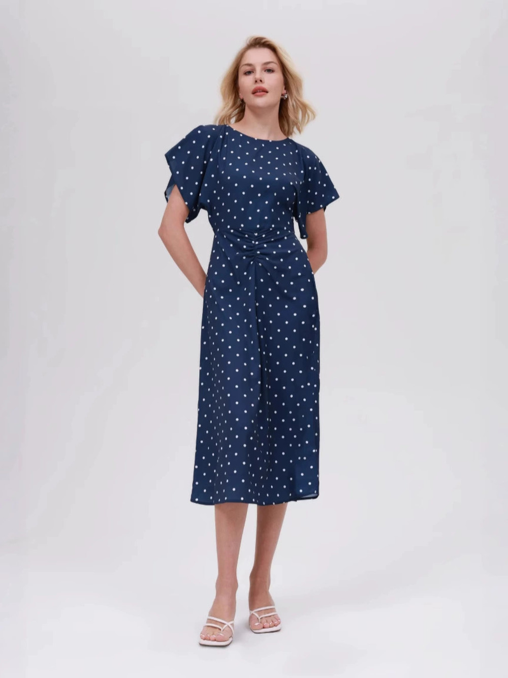 ZARA Summer Polka Dot Round Neck Long Waist Flutter Sleeve French Vintage Dress